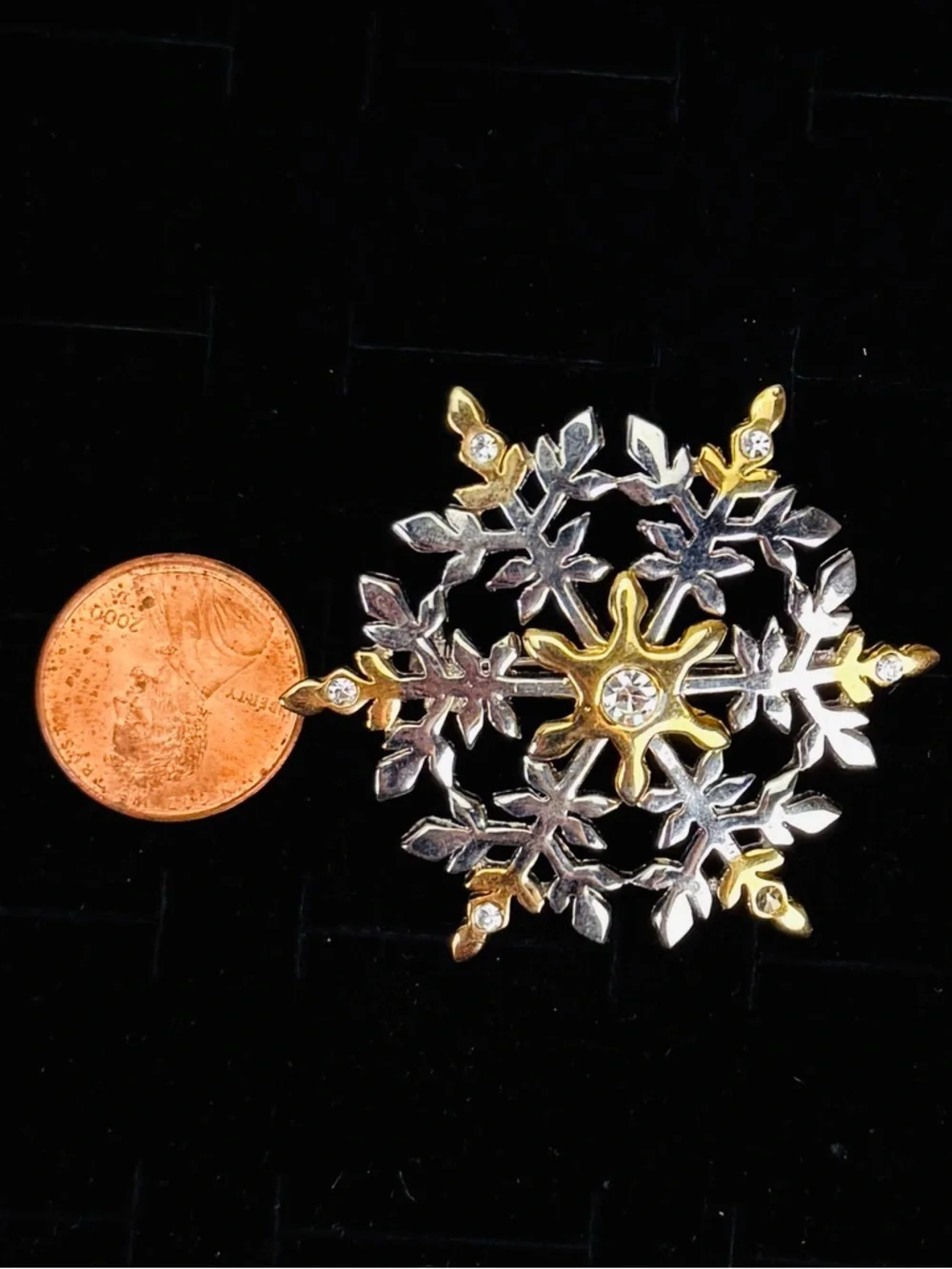 Vintage Two Tone Snowflake Brooch Silver Gold Clear Accents Holiday Winter Pin